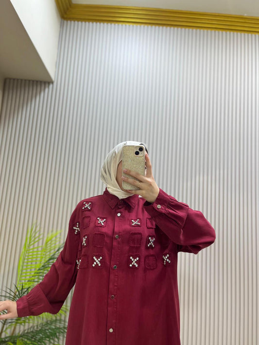 Bordo Taş İşlemeli Gömlek Tunik | Cemseyf