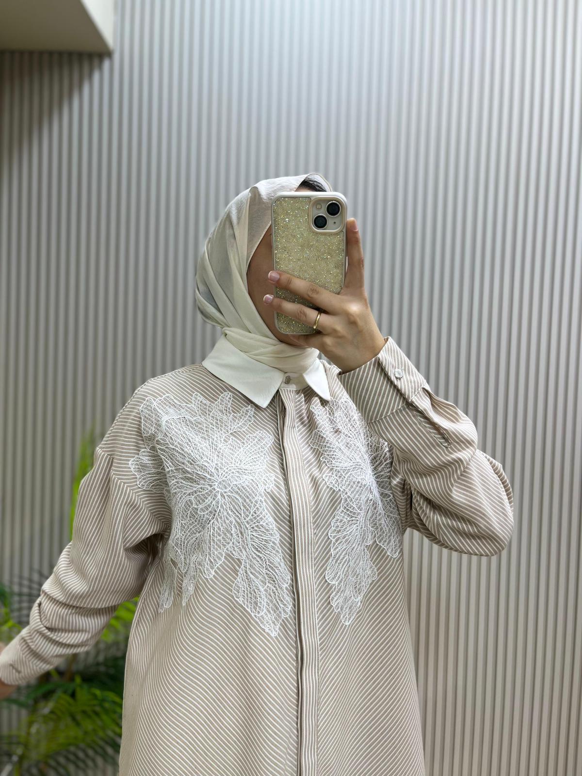 Mood Basic Bej Çizgili Dantel Detaylı Tunik Gömlek | Cemseyf