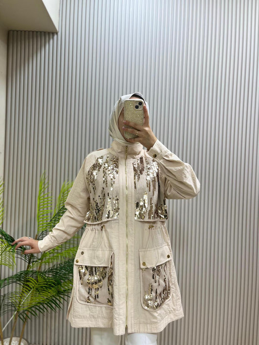 Marwa Cupra Krem Payet Detaylı Trench | Cemseyf