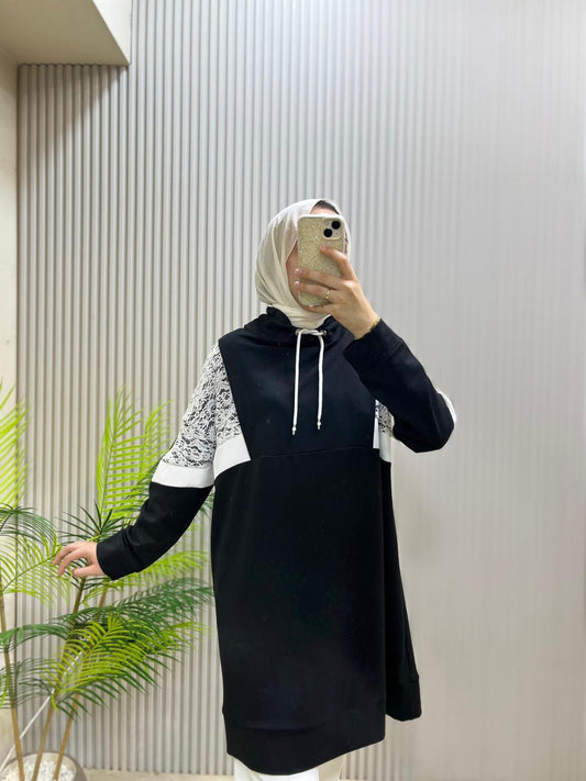 My Mood Siyah Dantel Detaylı Kapüşonlu Sweat Tunik | Cemseyf