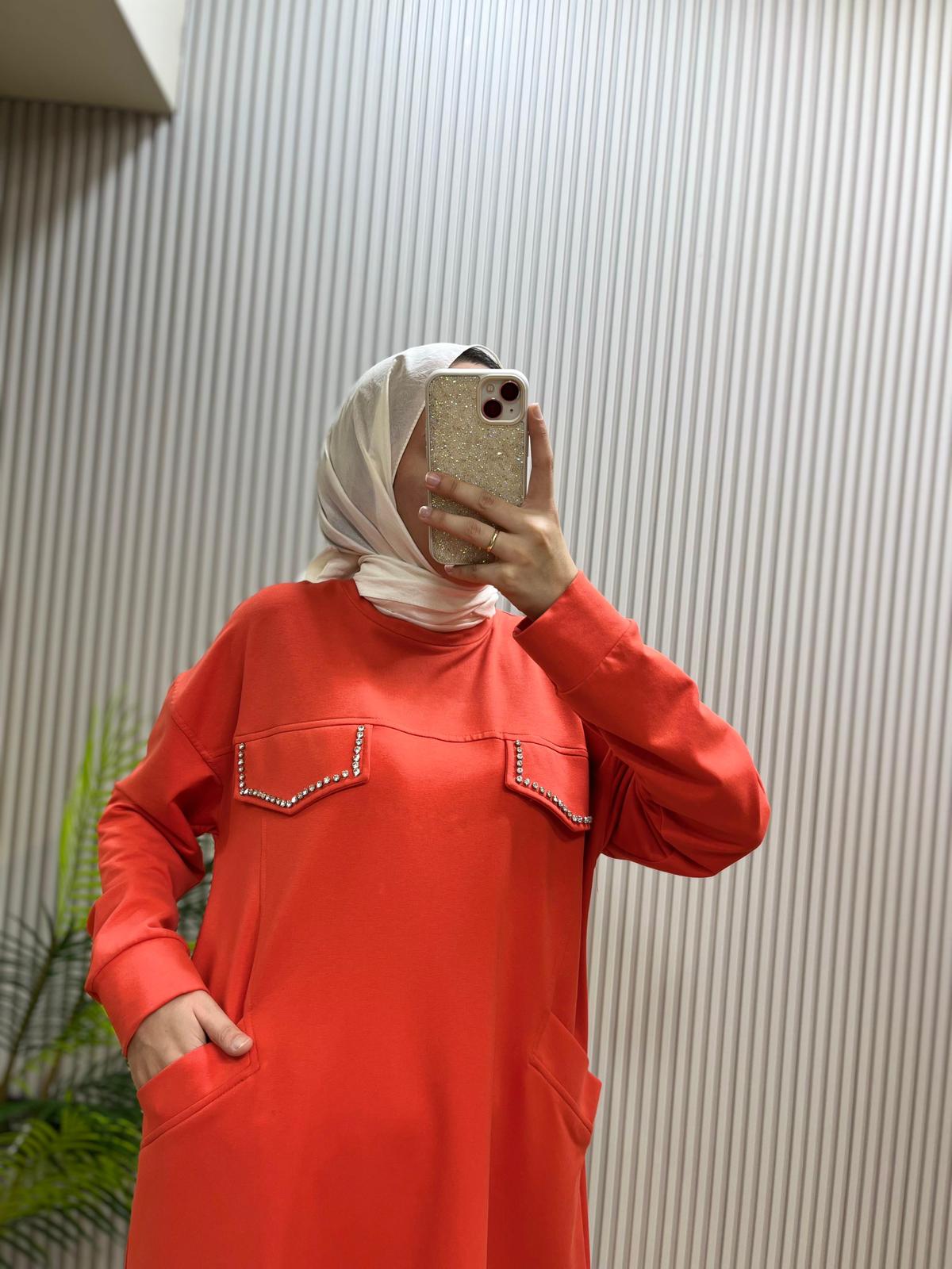 My Mood Kiremit Taş İşlemeli Cepli Sweat | Cemseyf