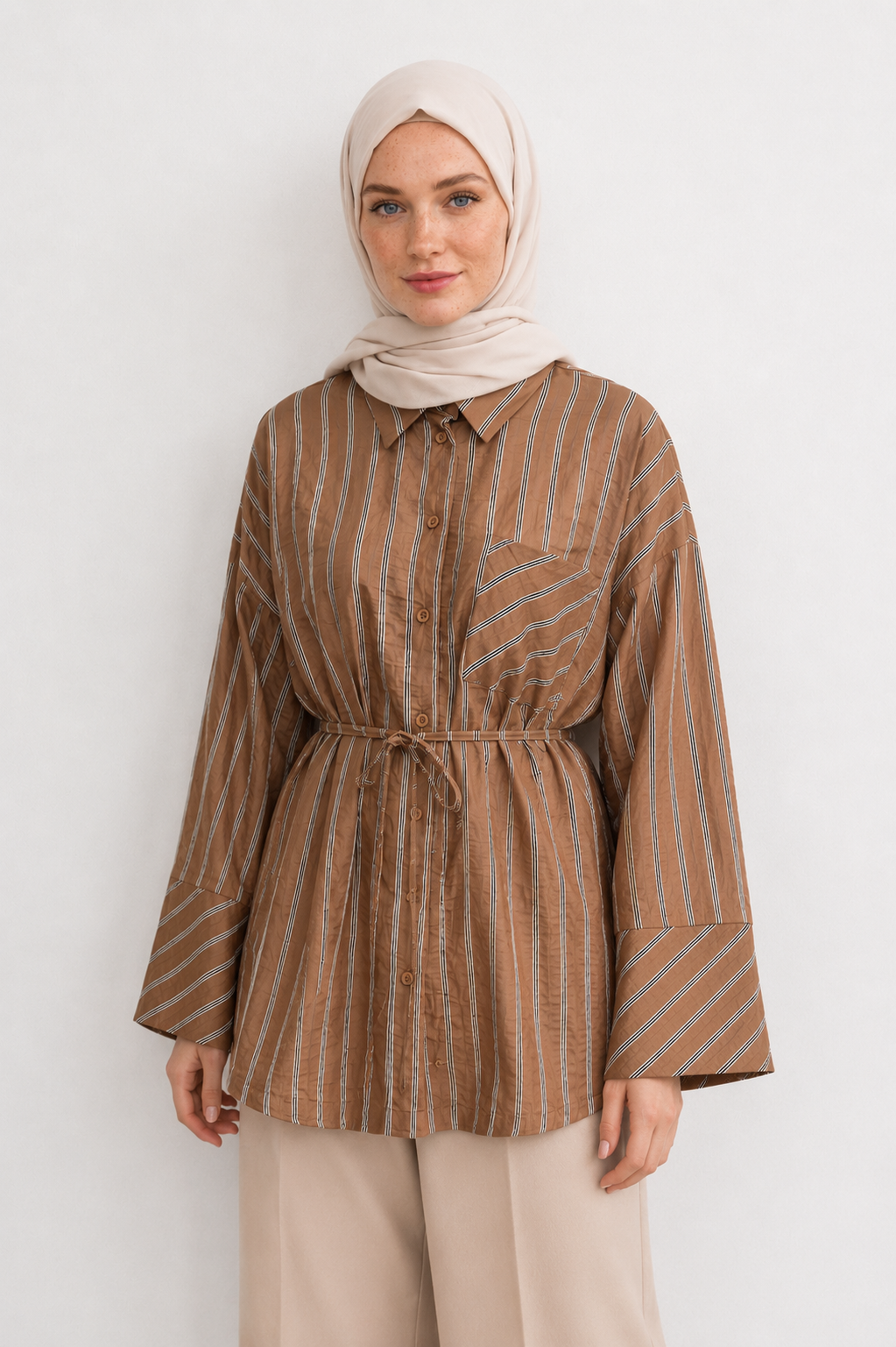 CS Çizgili Kemerli Tunik – Taba
