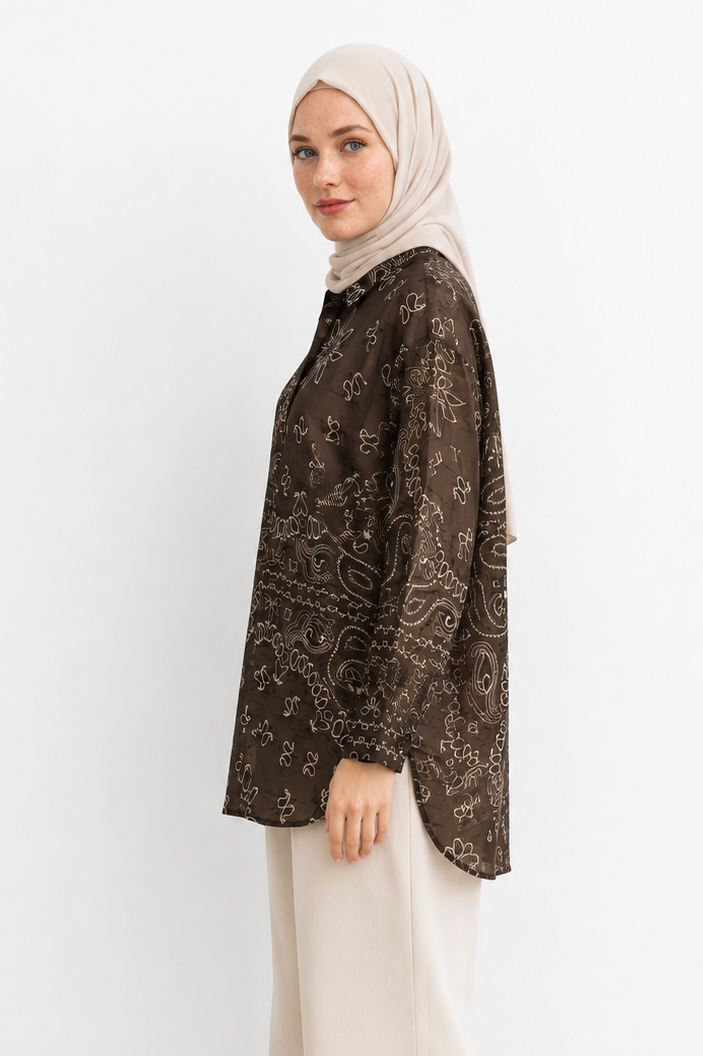 CS Bandana Desenli Oversize Gömlek – Kahverengi
