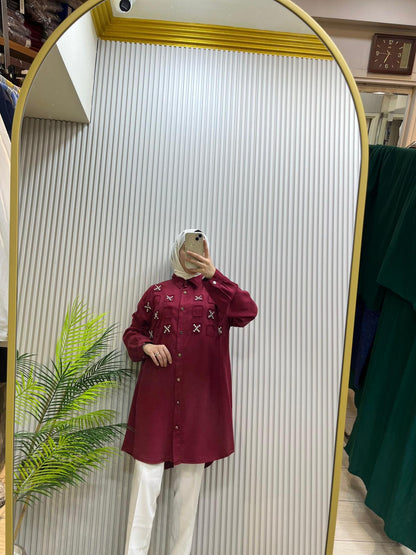 Bordo Taş İşlemeli Gömlek Tunik | Cemseyf