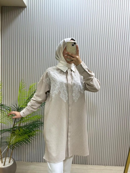 Mood Basic Bej Çizgili Dantel Detaylı Tunik Gömlek | Cemseyf