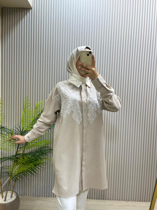 Mood Basic Bej Çizgili Dantel Detaylı Tunik Gömlek | Cemseyf