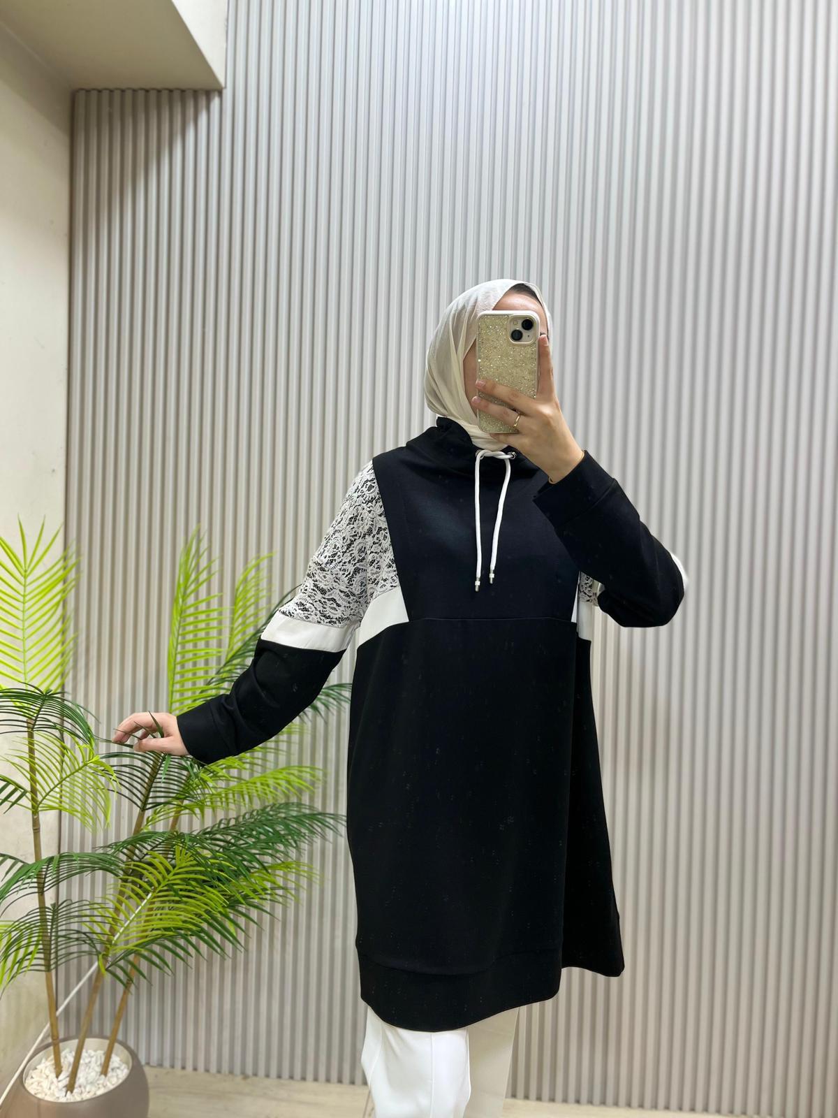 My Mood Siyah Dantel Detaylı Kapüşonlu Sweat Tunik | Cemseyf