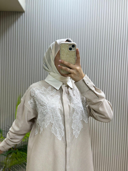 Mood Basic Bej Çizgili Dantel Detaylı Tunik Gömlek | Cemseyf