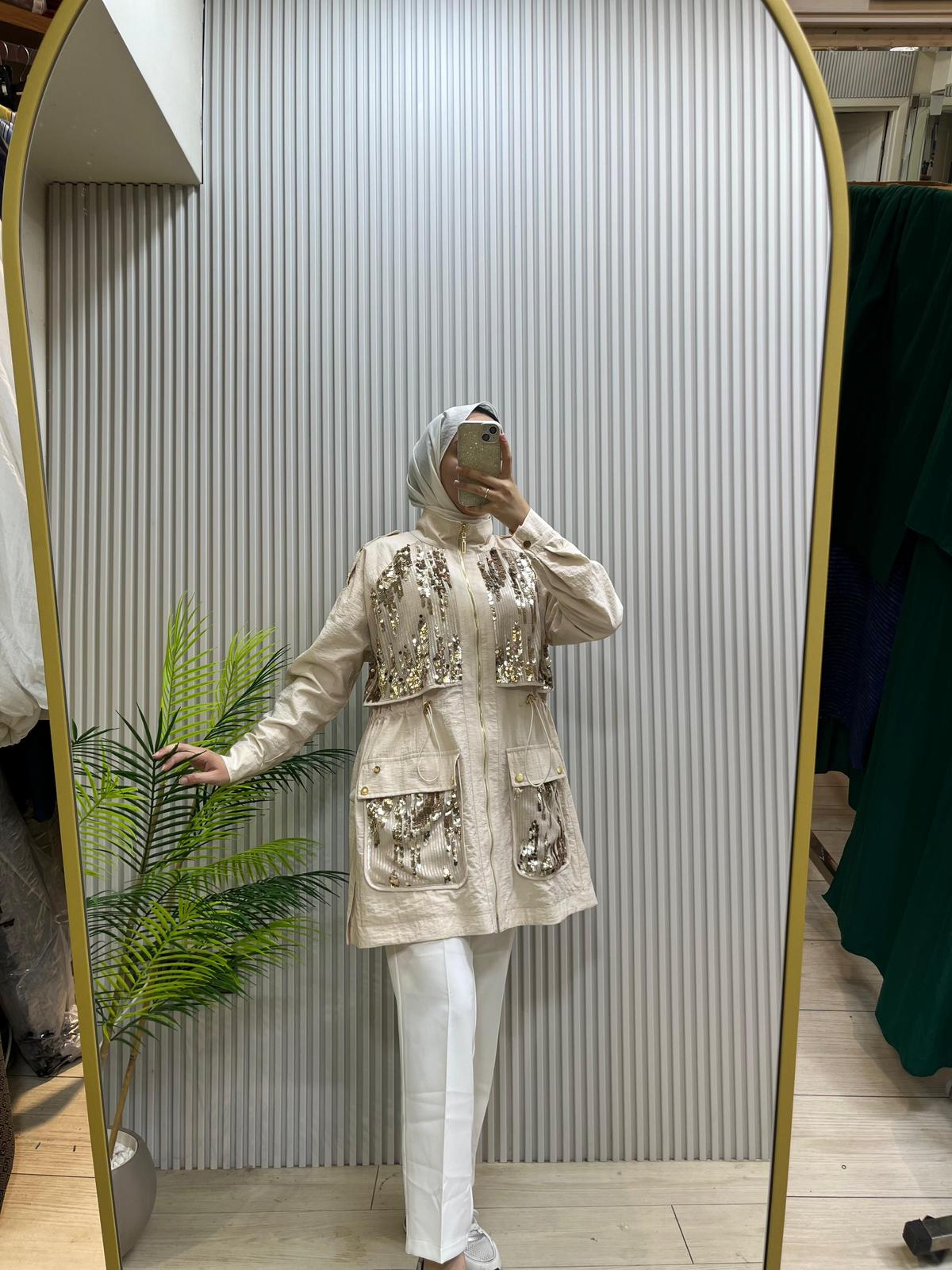 Marwa Cupra Krem Payet Detaylı Trench | Cemseyf