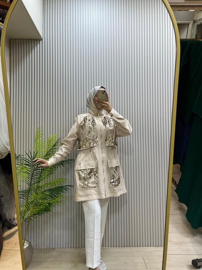 Marwa Cupra Krem Payet Detaylı Trench | Cemseyf