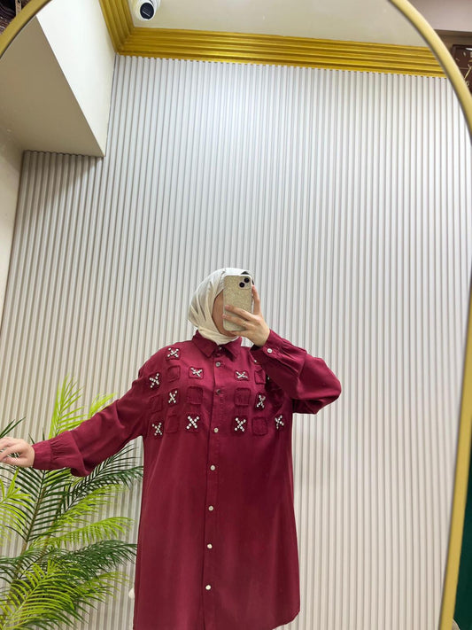 Bordo Taş İşlemeli Gömlek Tunik | Cemseyf