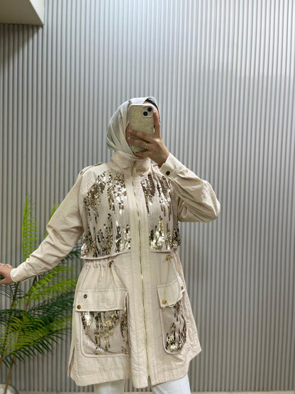 Marwa Cupra Krem Payet Detaylı Trench | Cemseyf